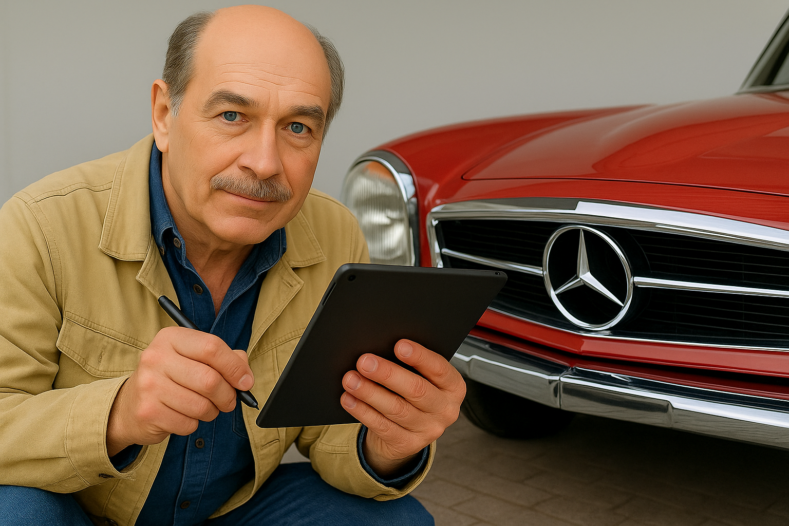 Rainer Röschlau bei der Begutachtung eines roten Oldtimers