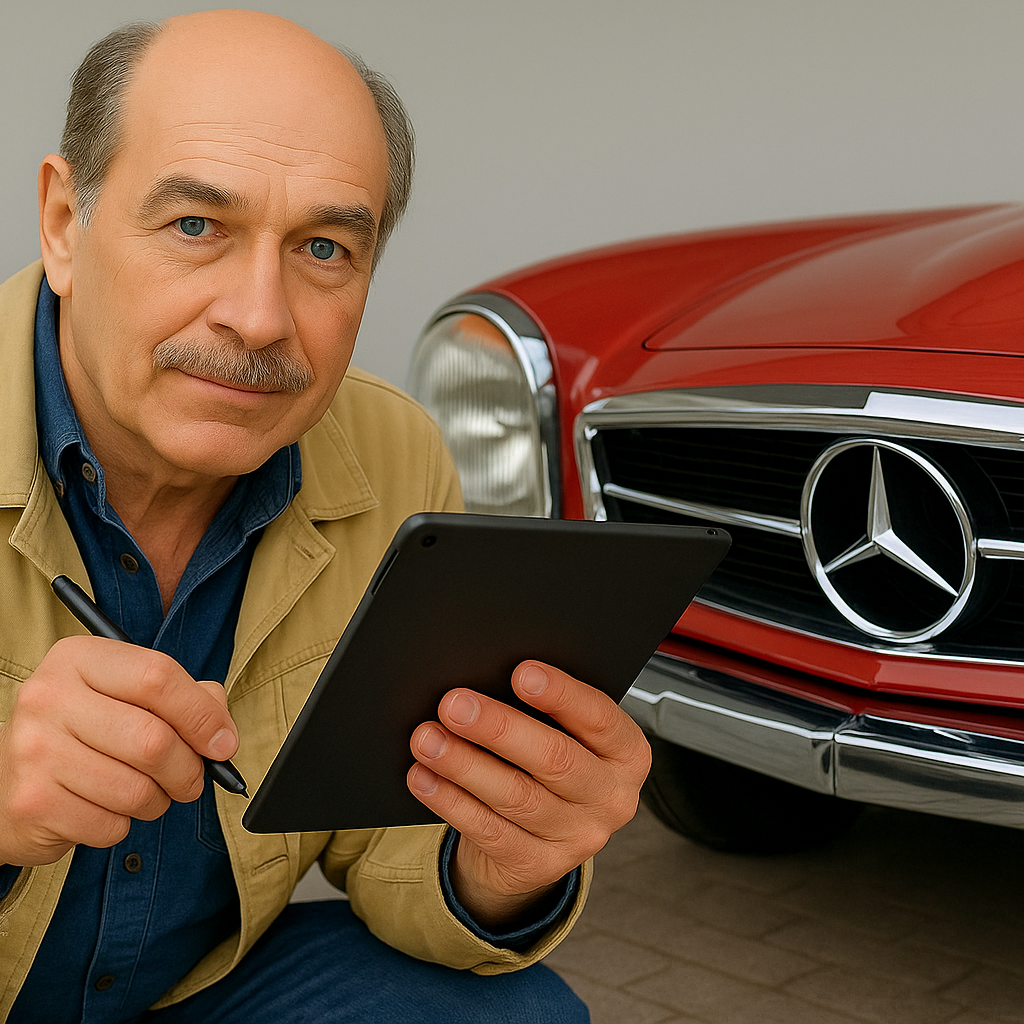 Rainer Röschlau bei der Begutachtung eines roten Oldtimers