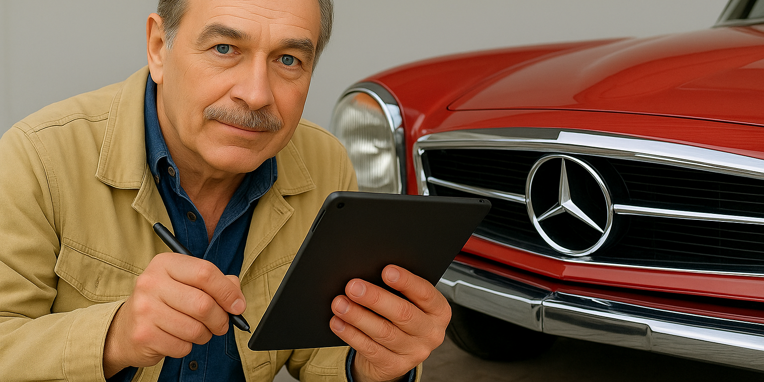 Rainer Röschlau bei der Begutachtung eines roten Oldtimers