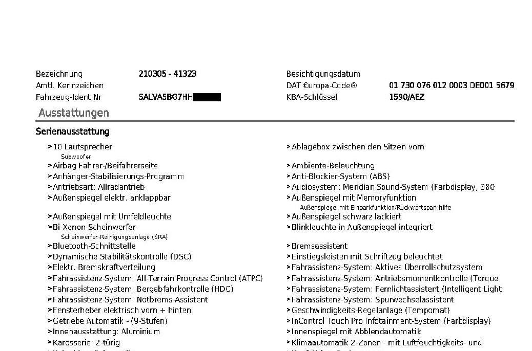 Austattungsliste eines PKW